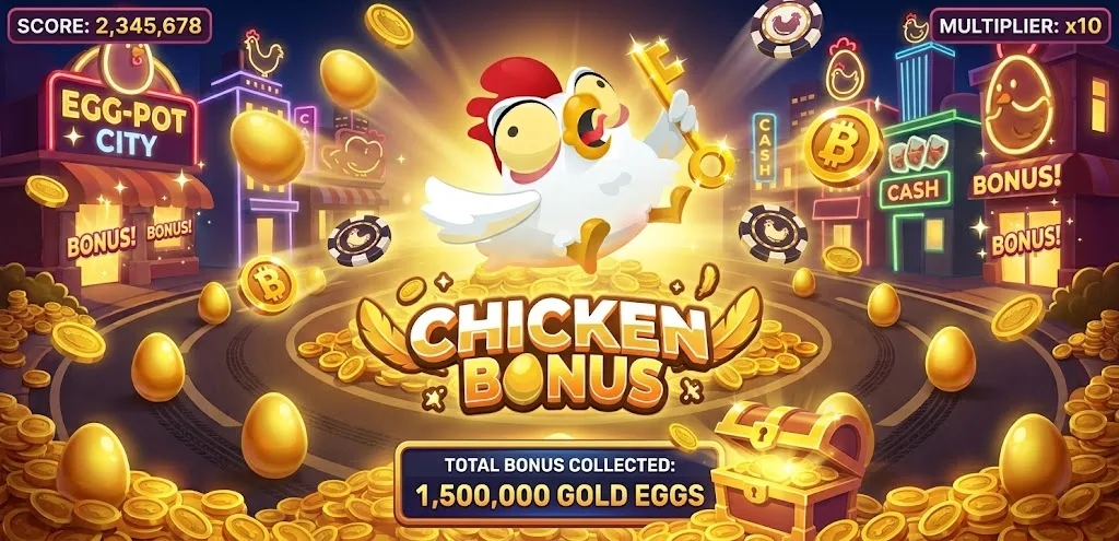 Chicken Bonus kör – csirke aranykulccsal az Egg-Pot City neonfényei alatt, körülötte aranytojások és x10 szorzó