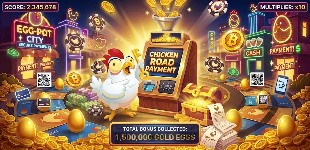 Chicken Road Payment – csirke aranykulccsal egy biztonságos befizetési terminál mellett, bankkártyákkal, QR-kóddal és aranytojásokkal