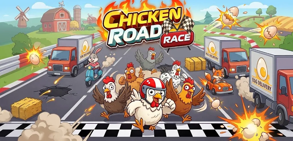 Chicken Road Race játék – bukósisakos csirke versenyez az úton tojásszállító teherautók között a célvonal felé