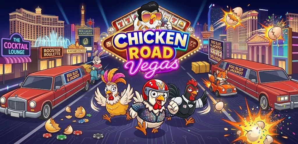 Chicken Road Vegas – bukósisakos csirke a neonfényes Las Vegas-i úton, piros limuzinok és kaszinófények között